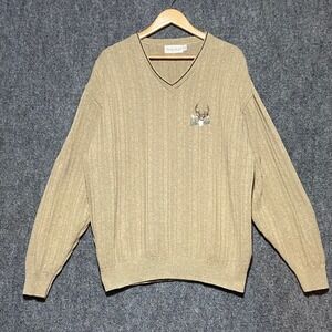 Vintage Sedgefield Mens Tan Deer Embroidered V Neck Knit Sweater XL Made‎ in USA